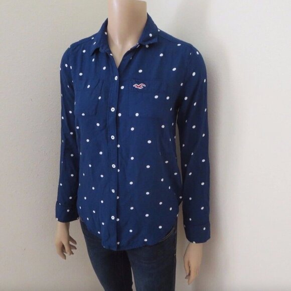 Hollister Polka Dot Button Down Shirt Size XS Blouse Navy Blue - Picture 2 of 4